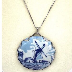 Vintage Delft Blue Windmill Necklace Sterling‎ Silver 925 Porcelain Holland